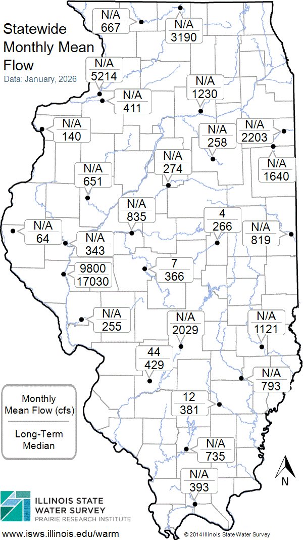 Statewide map showing recent Monthly Mean Flow values