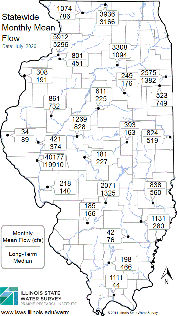 Statewide map showing recent Monthly Mean Flow values