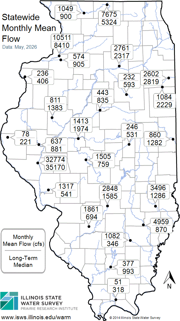 Statewide map showing recent Monthly Mean Flow values