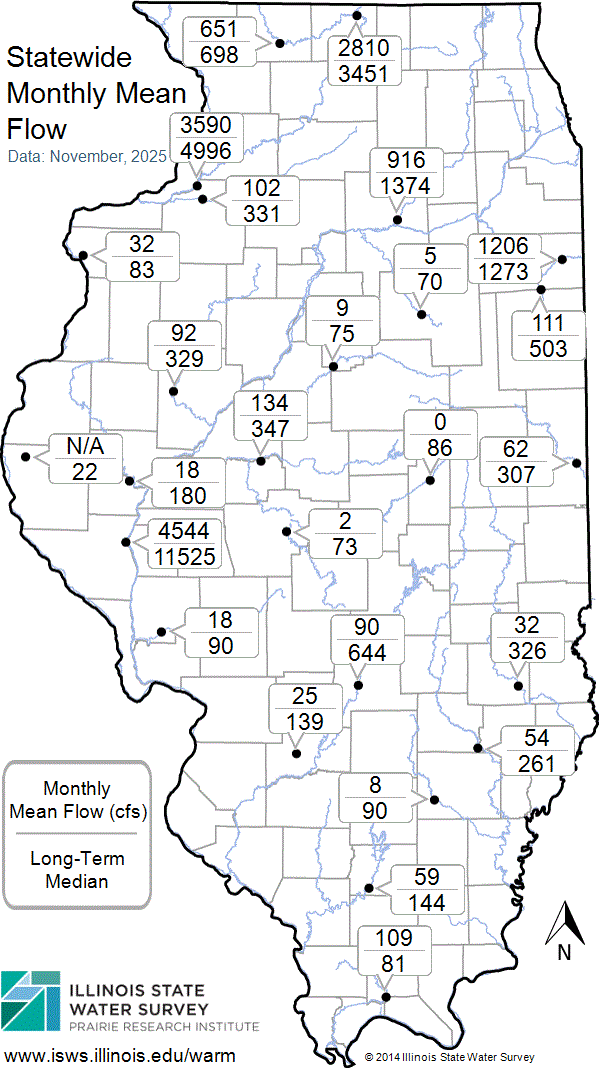 Statewide map showing recent Monthly Mean Flow values