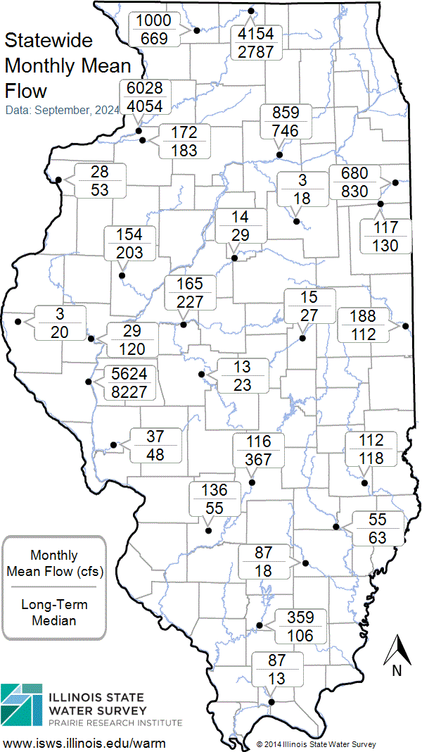 Statewide map showing recent Monthly Mean Flow values