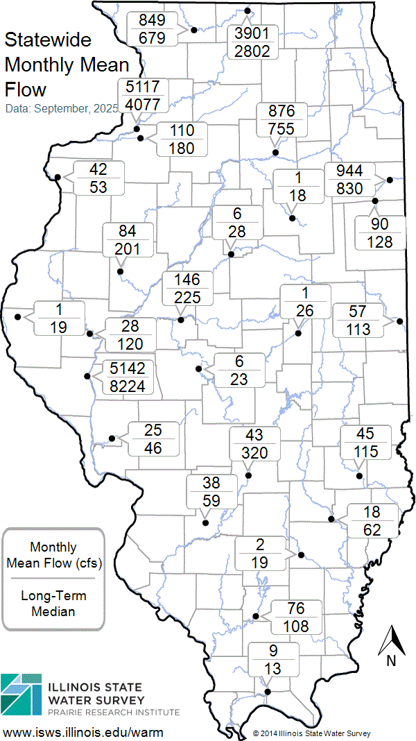Statewide map showing recent Monthly Mean Flow values