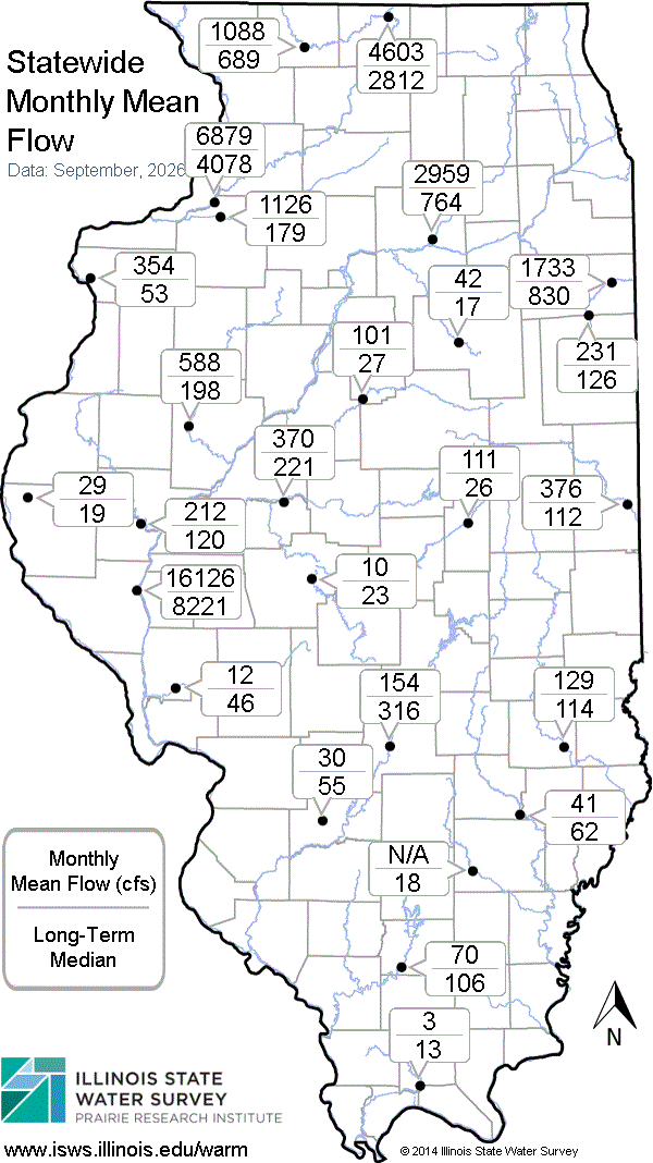 Statewide map showing recent Monthly Mean Flow values